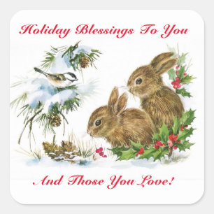 Vintag Holiday Blessings Bunnies Quadratischer Aufkleber