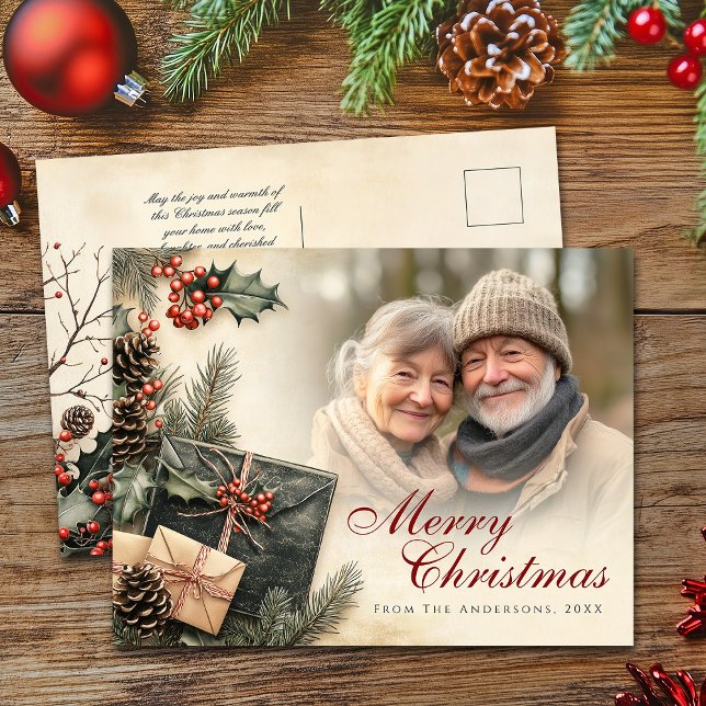 Vintag Holly Berries Beige Foto Weihnachten (Vintage Holly Berries Beige Photo Christmas Holiday Postcard)