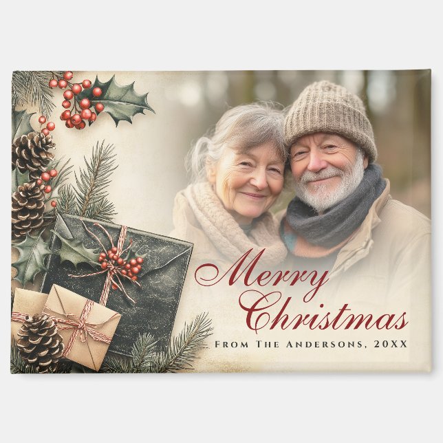 Vintag Holly Berries Beige Foto Weihnachten Magnet (Vorderseite)