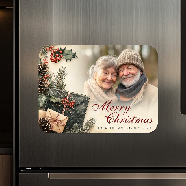 Vintag Holly Berries Beige Foto Weihnachten Magnet (Vintage Holly Berries Beige Photo Christmas Magnet)