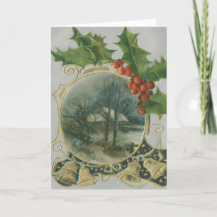 Vintag Holly Berries Golden Bells Weihnachtslandsc Feiertagskarte