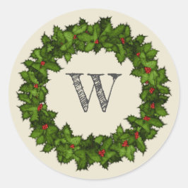 Vintag Holly Berries Wreath Gray Monogram Runder Aufkleber