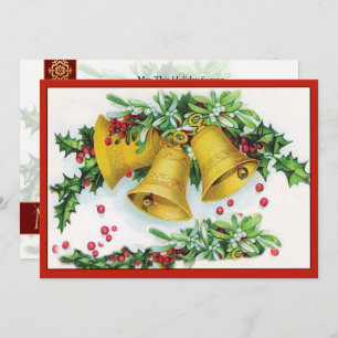 Vintag Holly Covered Gold Weihnachtsglocken Ringin Feiertagskarte
