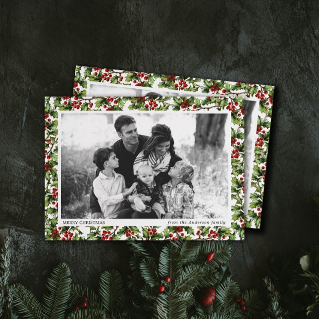 Vintag Holly Foto Rahmen Weihnachten Einladung (one photo Christmas holiday cards with vintage holly berry patterned border frame )