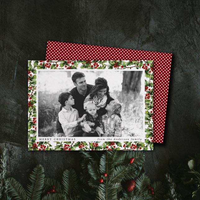 Vintag Holly Frame Weihnachtsfotokarte Feiertagskarte (one photo Christmas holiday card with traditional type and vintage holly berries border)