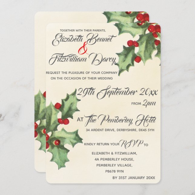 Vintag Holly Wedding Einladung (Vorne/Hinten)