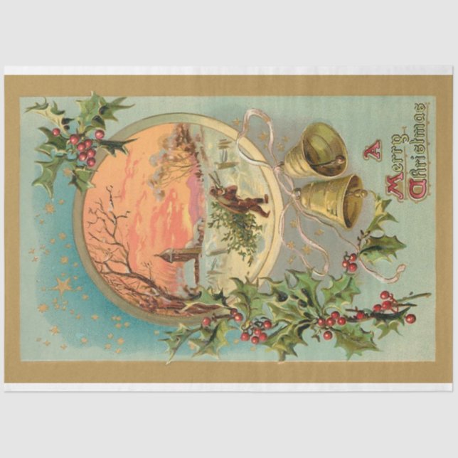 Vintag Holly, Weihnachtsglocken und Schneeszene Seidenpapier (Vorderseite)