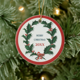 Vintag Holly Wreath Frohe Weihnachten Keramik Ornament