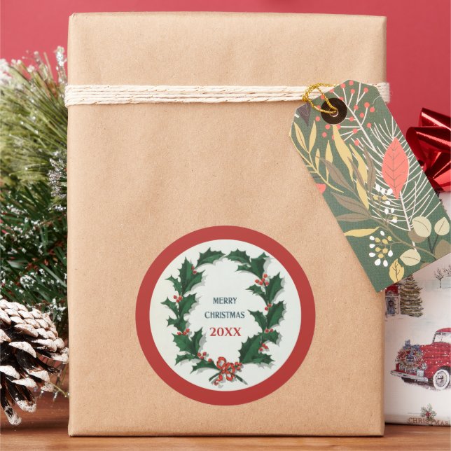 Vintag Holly Wreath Frohe Weihnachten Runder Aufkleber (Feiertag)
