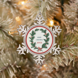 Vintag Holly Wreath Schneeflocken Zinn-Ornament