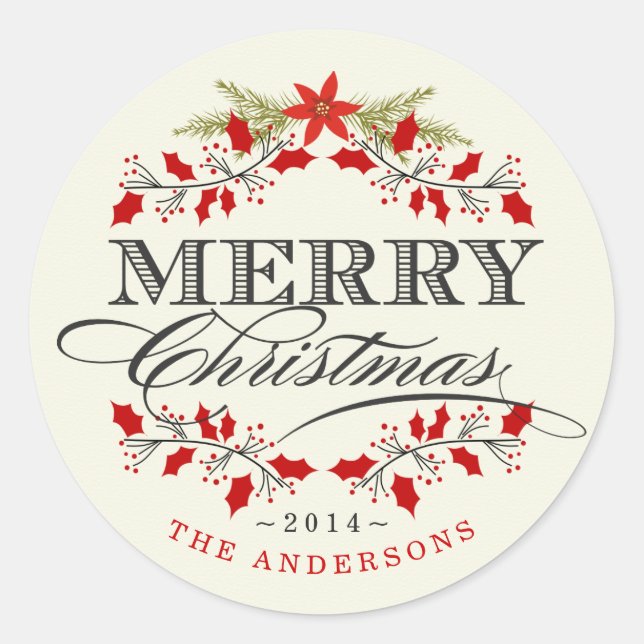 Vintag Holly Wreath Weihnachtskrautsticker Runder Aufkleber (Vorderseite)