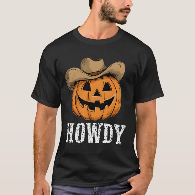 Vintag Howdy Pumpkin Cowboy Western T-Shirt (Vorderseite)