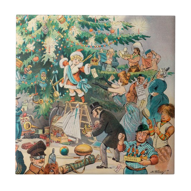 Vintag Illustration Pucks Weihnachtsbaum, 1902 Fliese (Vorderseite)
