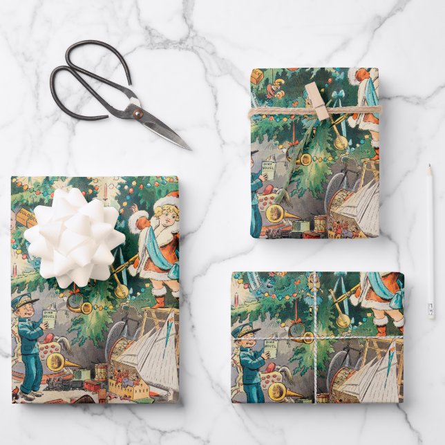 Vintag Illustration Pucks Weihnachtsbaum, 1902 Geschenkpapier Set (Vorderseite)