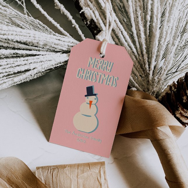 Vintag Illustriert Pink Frohe Weihnachtsschneemann Geschenkanhänger (Von Creator hochgeladen)