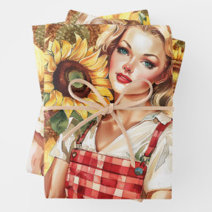 Vintag Inspiriert Blonde Girls & Sonnenblumen Geschenkpapier Set