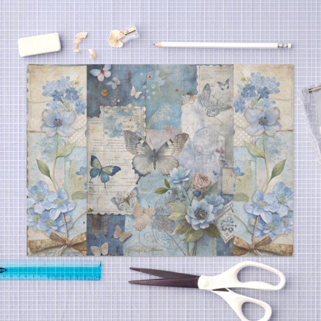 Vintag Inspiriert Blue Floral Butterfly Scrapbook Seidenpapier (Handwerk)