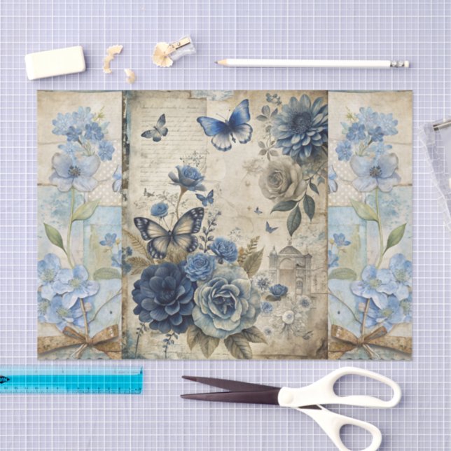 Vintag Inspiriert Blue Floral Butterfly Scrapbook Seidenpapier (Handwerk)