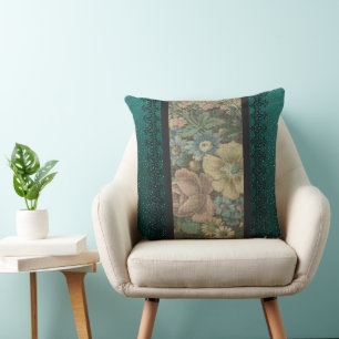 Vintag Inspiriert Blumenbüschel und Dunkel Aquamar Kissen