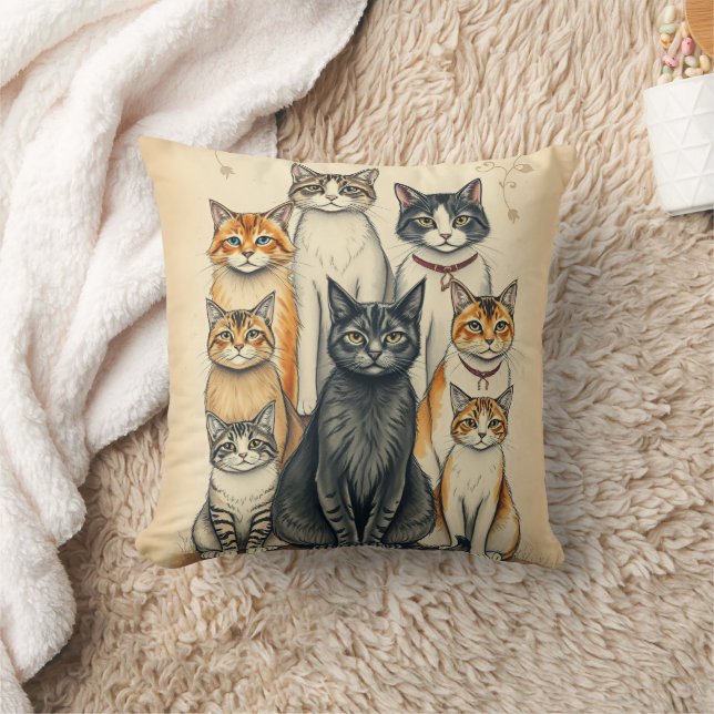 Vintag Inspiriert Cat Family Portrait Kissen (Decke)