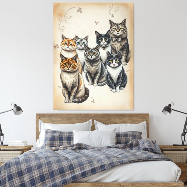 Vintag Inspiriert Cat Family Portrait Leinwanddruck (Insitu (Schlafzimmer))