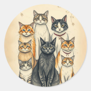 Vintag Inspiriert Cat Family Portrait Runder Aufkleber