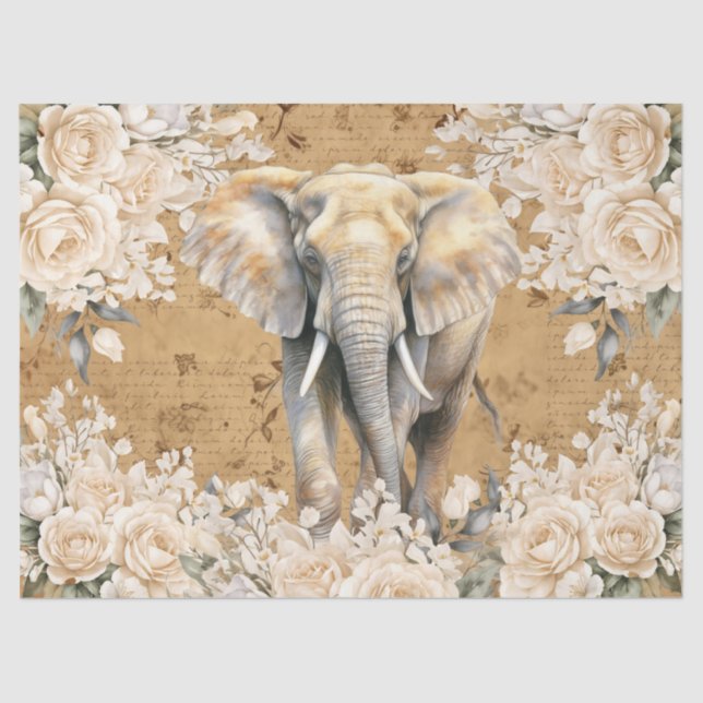 Vintag Inspiriert Elefant & White Roses Decoupage Seidenpapier (Vorderseite)