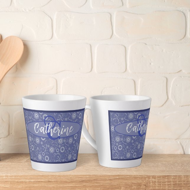 Vintag Inspiriert Elegant Blue Floral Latte Tasse (Vintage Inspired Blue and White Floral Personalised Latte Mug.)