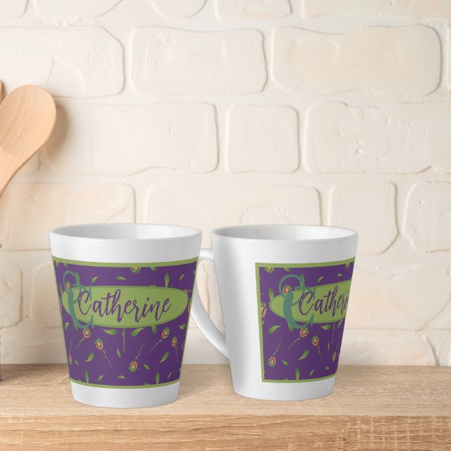 Vintag Inspiriert Elegante Lila Latte-Tasse Milchtasse (Vintage Inspired Purple and Green Floral Personalised Latte Mug.)