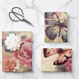 Vintag Inspiriert Florals & Butterfliegen Geschenkpapier Set