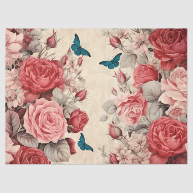 Vintag Inspiriert Rosa und Rote Rosen Schmetterlin Seidenpapier (Vorderseite)