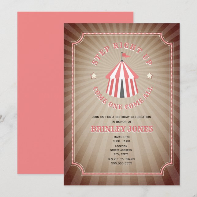 Vintag Inspiriert rosa Zirkus Zelt Geburtstag Einladung (Vorne/Hinten)