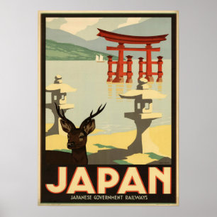 Vintag Japan Sika Deer, Torii Gate Travel Poster
