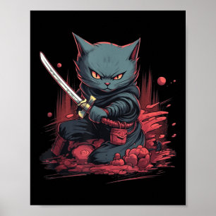 Vintag Japanisch Samurai Ninja Cat Tattoo Kawaii Poster