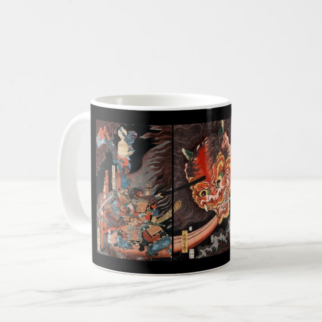 Vintag Japanisch Samurai vs. Oni Kaffeetasse (Vorderseite Links)