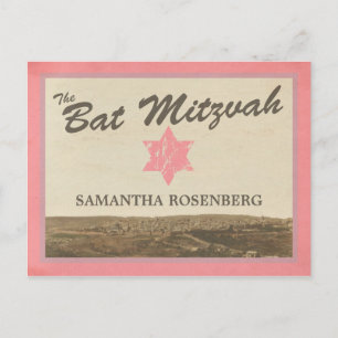 Vintag Jerusalem Bat Mitzvah Save the Date rosa Ankündigungspostkarte