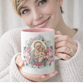 Vintag Jesus Jungfrau Mary Floral Memorare Gebet Zweifarbige Tasse