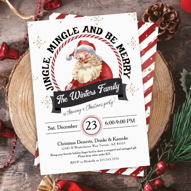 Vintag Jingle Mingle Be Frohe Weihnachten Party Einladung (Unique Jingle Mingle and Be Merry Family Office Corporate Christmas Party Invitation Vintage Santa)