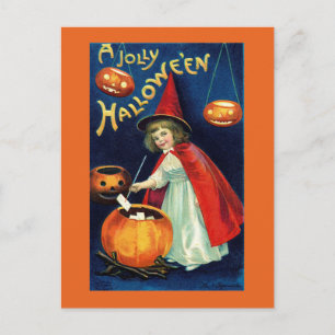 Vintag Jolly Halloween Girl Hexenkarte Postkarte