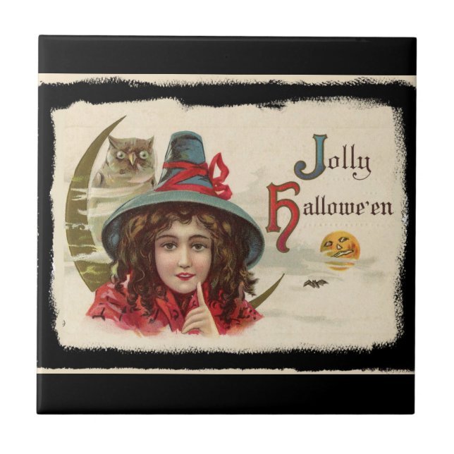 Vintag Jolly Halloween Hexe Fliese (Vorderseite)