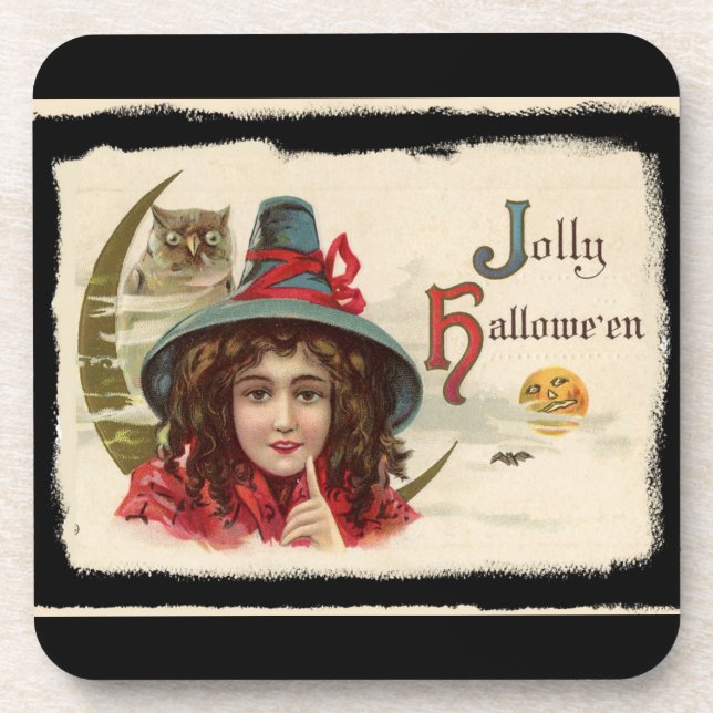 Vintag Jolly Halloween Hexe Getränkeuntersetzer (Vorderseite)