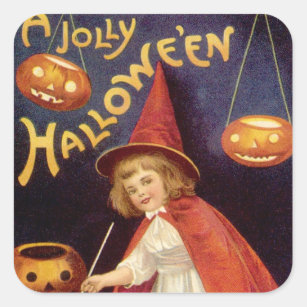 Vintag Jolly Halloween Hexe von Ellen Clapsaddle Quadratischer Aufkleber
