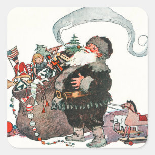 Vintag Jolly Old Elf Weihnachtsmann gibt Weihnacht Quadratischer Aufkleber