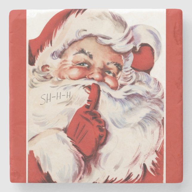 Vintag Jolly Old Santa Shhh Red Stone Untersetzer (Vorderseite)