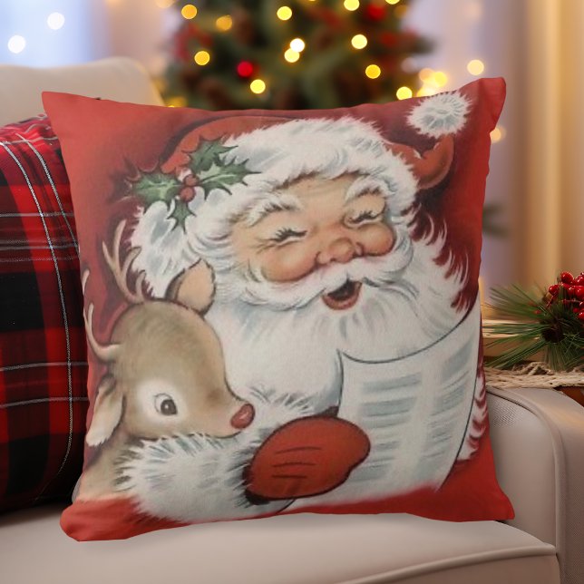 Vintag Jolly Santa mit Baby Rudolf Weihnachten Kissen (Vintage Jolly Santa with Baby Rudolf Christmas Throw Pillow)