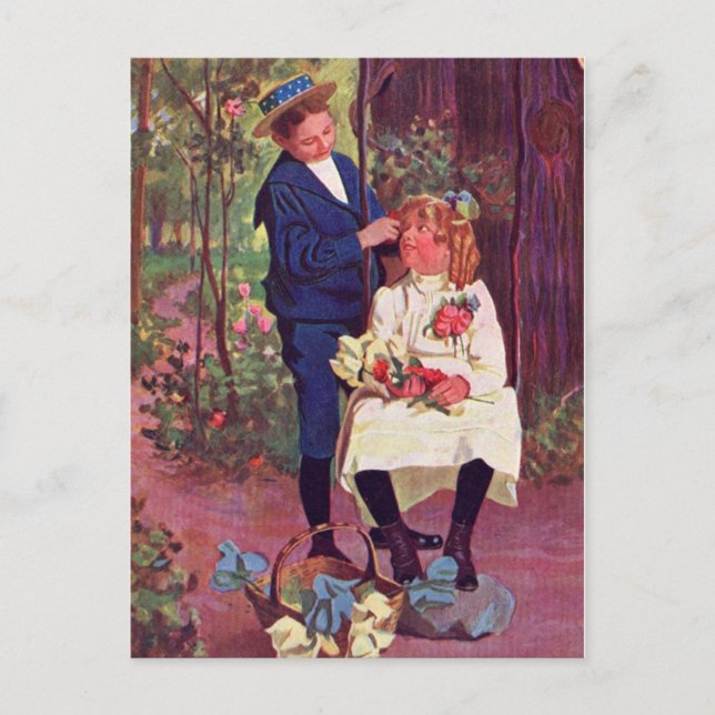 Vintag - Junge & Mädchen im Wald Postkarte (Vorderseite)