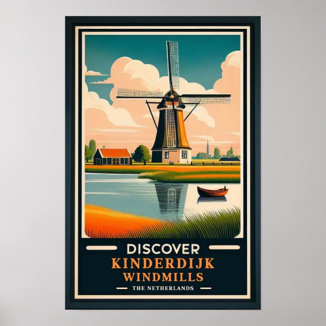 Vintag Kinderdijk Windmills Travel Poster (Vorne)