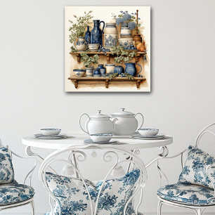 Vintag Kitchen Shelf Blue White Canister Jugs Jar Poster