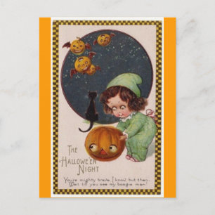 Vintag-kleines Mädchen-Kürbis-Schwarze-Katzenkarte Postkarte
