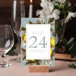 Vintag Lemon Botanical Wedding Dusty Blue Tischnummer<br><div class="desc">Dieses Hochzeitsdesign ist mit einem Vintagen Zitronenprint in der Pflanze und wurde so konzipiert,  um Ihren Hochzeitsbedarf durch eine einzigartige Zitrusfrüchte-Touch zu ergänzen. Der Hintergrund der Karte ist staubblau und das Design besteht aus zwei goldenen Rahmen.</div>